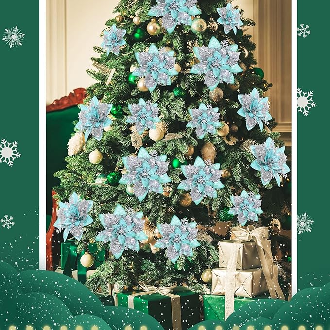 36 Pcs Christmas Glitter Artificial Poinsettia Flowers Xmas Poinsettia Artificial Wedding Flowers Decorations Xmas Tree Ornaments with Clips for Party, 6 Inch, 4 Inch, 3 Inch(Silver and Green)