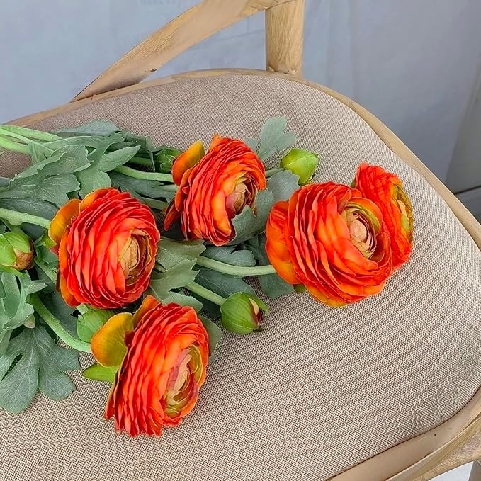 Artificial Ranunculus Flowers with Real Touch Stem, Silk Ranunculus Flowers (Orange, 6pcs)