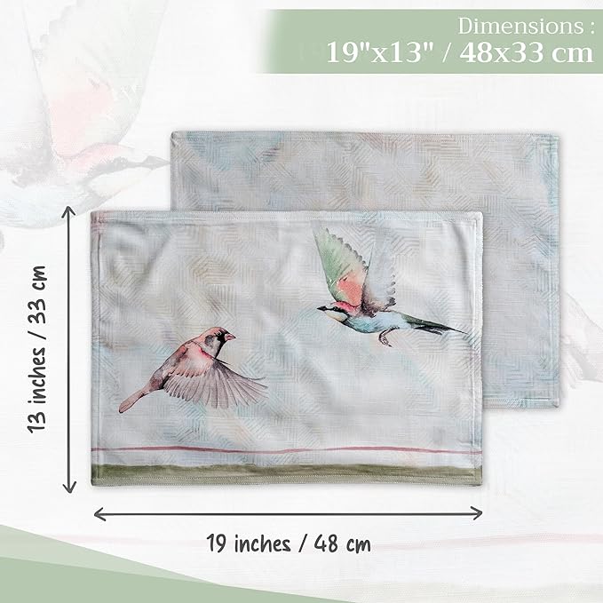 Maison d' Hermine Placemats Set of 4 100% Cotton Washable Cloth Place Mats, Reusable Table Mats for Kitchen Dining Decoration, Party, Wedding, Restaurant Spring/Summer (Flying Birds, 13" x 19")