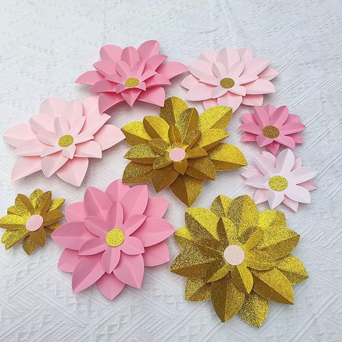 Mybbshower Pink Gold Glitter Paper Flower for Wall (10"-6") DIY Floral Backdrop Nursery Room Baby Shower Girls Birthday Party Photo Backdrop Pack of 9