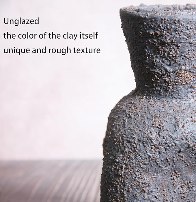 Rustic Textured Clay Vase - 7IN Rustic Ceramic Vase Vintage Farmhouse Style Decor, Circle Wabi Sabi Vases for Farmhouse Home Decor, Decor Living Room, Table, Shelf(Black)