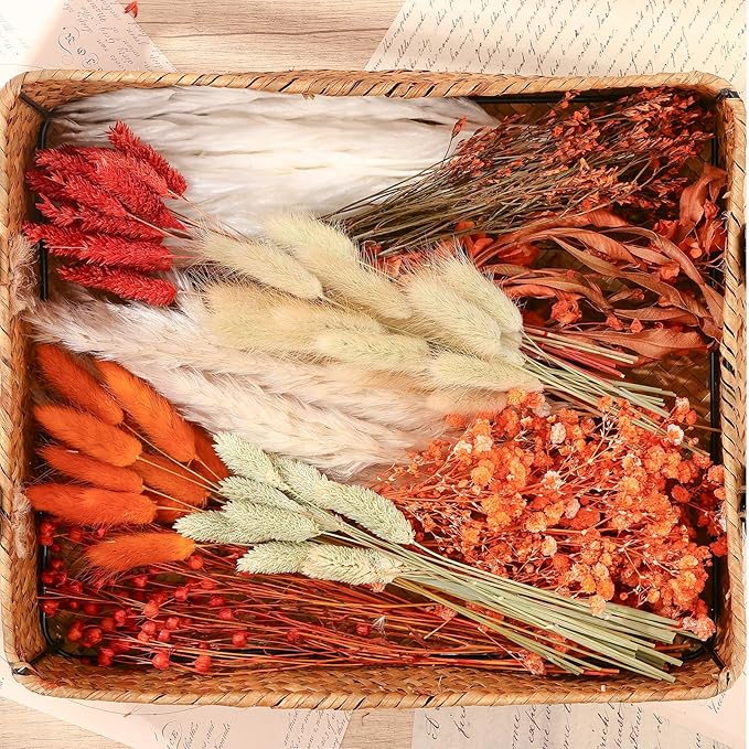 10 Kinds of Dried Flowers for Crafts Burnt Orange Fall Flowers Natural Pampas Grass Bunny Tails Babys Breath Hydrangea with Stems Dry Floral Arrangement for Fall Wedding Autumn Decorations for Home