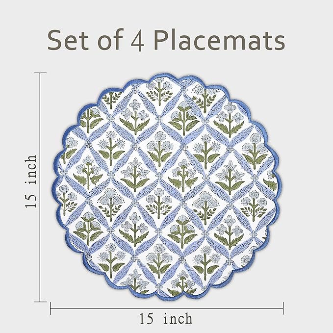 Ridhi Light Steel Blue Bo-ho Round Place Mat Easter Floral Cotton Washable Placemats 15" Round Embroidery Block Print Table Mat Pack of 8-15 Inch Round