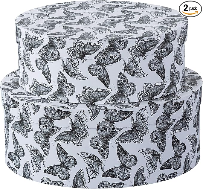 Soul & Lane Oblong Decorative Cardboard Storage Boxes with Lids, Graceful Flight, Set of 2 Black and White Butterfly Keepsake Boxes for Women, Oval Nesting Storage for Gifts and Organizing