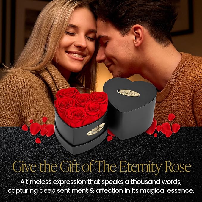 The Eternity Rose 6-Piece Preserved Roses in a Luxury Gift Box – Real Roses in Black Heart Box – A Valentine’s Gift as Everlasting as Your Love