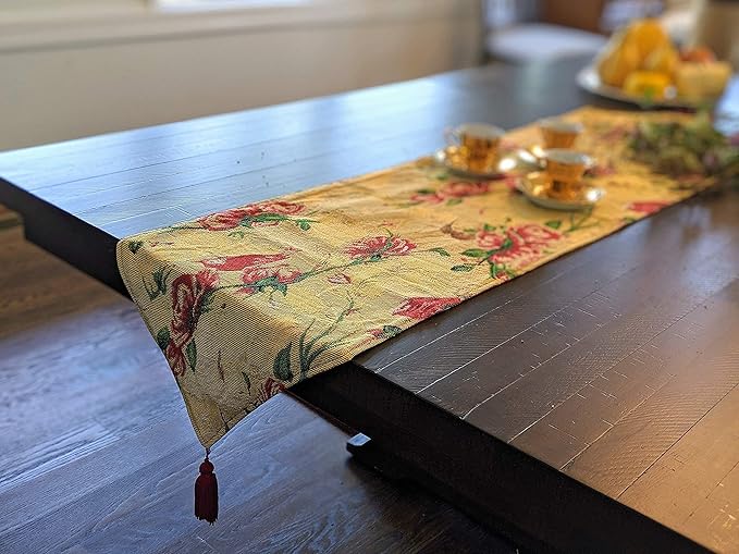 Tache Floral Red Roses Birds Golden Woven Table Runner - Vintage Tapestry Kitchen Dining Dinner Linens Cloth - 13 x 72 inches