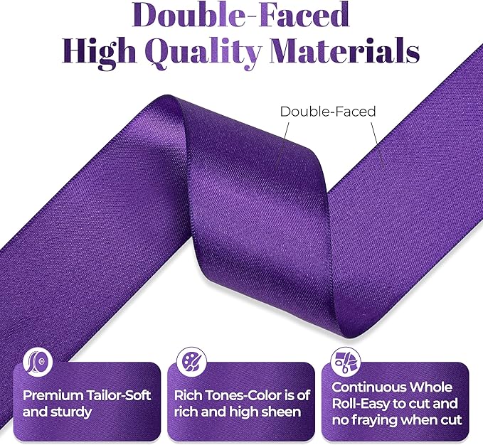 Double Faced Purple Satin Ribbon, 1-1/2 Inch X 50 Yards Polyester Ribbon for Gift Package Wrapping, Crafts, Bow Making, Sewing, Flower Bouquet, Wedding Party Decor