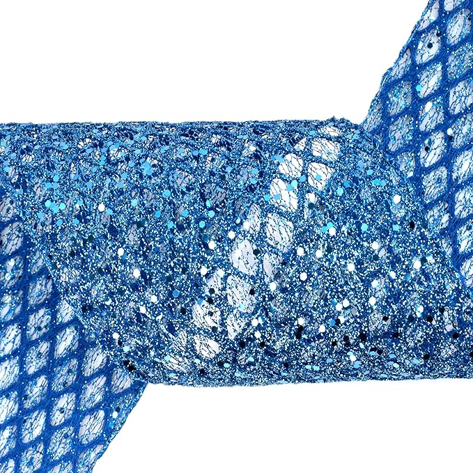 VATIN 6" Blue Christmas Ribbon, Blue Glitter Mesh Diamond Web Sequin Dots Wired Christmas Ribbon for Gift Wrapping Bow Making Wreath Supply-10 Yards