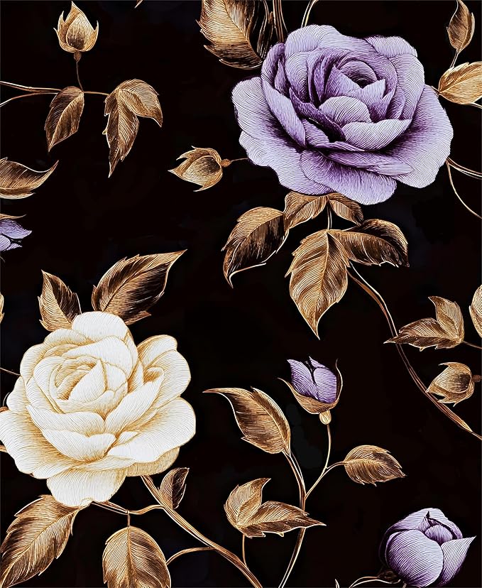 Golden Floral Wallpaper Peel and Stick Vintage Purple Gold Rose Contact Paper Self Adhesive Removable Retro Dark Flower Wall Mural for Bedroom Walls Shelves Cabinet Table Decor 17.5" x 118"