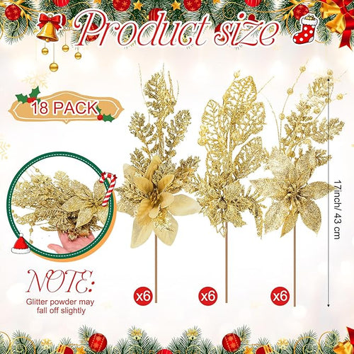 18 Pack 3 Styles 17 Inch Christmas Glitter Poinsettia Berry Stems Ornaments Artificial Floral Branches Picks for Christmas Tree Home Vase Holiday Party Decor(Gold)