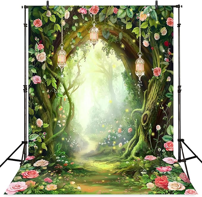 Riyidecor Enchanted Fairy Backdrop Polyester Fabric Greenery Woodland Tale Wonderland Flower Rose Fantasy Spring Nature Tree 5Wx7H Feet Floral Plant Photography Background Birthday Photo Studio Shoot