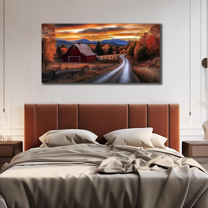 JuhaiArt Fall Wall Decor Red Barn Landscape Wall Art Natural Picture Sunset Scenery Canvas Decor for Living Room Bedroom Rustic Poster 24" x 48"