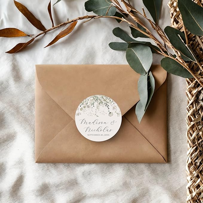 Personalized Floral Wedding Stickers with Your Choice of 30 Flower Styles - Choose Font and One of Five Pre-made Phrases or Add Custom Text (008 - White Wildflowers)
