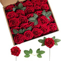 Artificial Flower Foam Rose 25pcs Real Looking Fake Rose with Stems Leaves for Home Decoration Party Garden Centerpieces DIY Wedding Bouquets（Dark Red）