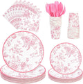 175Pcs Pink Floral Paper Plates and Napkins 25 Guests Pink White Toile Chinoiserie Party Supplies Set Include Plates Napkins Cups Spoons Forks Knives for Christmas Birthday Wedding Mother's Day