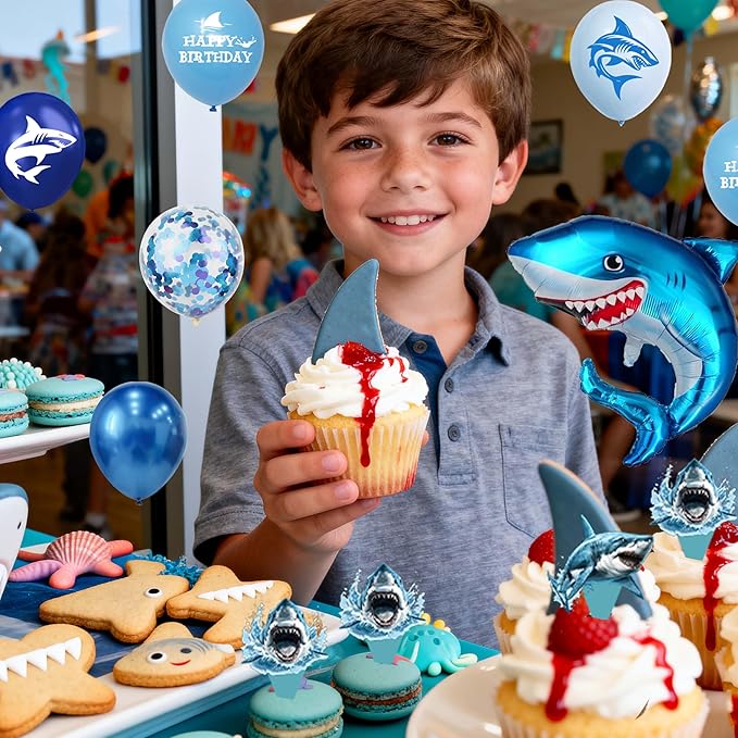 Shark Birthday Party Decorations For Women Men,Happy Birthday Banner,Blue Balloon Arch Kit,Sharks Foil Balloons,Cake toppers
