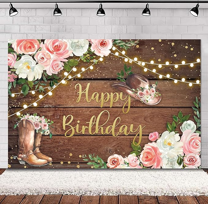 SVBright Cowgirl Western Birthday Backdrop 5Wx3H Rustic Country Wooden Plank Pink Flower Floral Retro Happy Birthday Baby Shower Hat Plant Decorations Photography Background Banner Photo Booth Studio