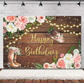 SVBright Cowgirl Western Birthday Backdrop 5Wx3H Rustic Country Wooden Plank Pink Flower Floral Retro Happy Birthday Baby Shower Hat Plant Decorations Photography Background Banner Photo Booth Studio