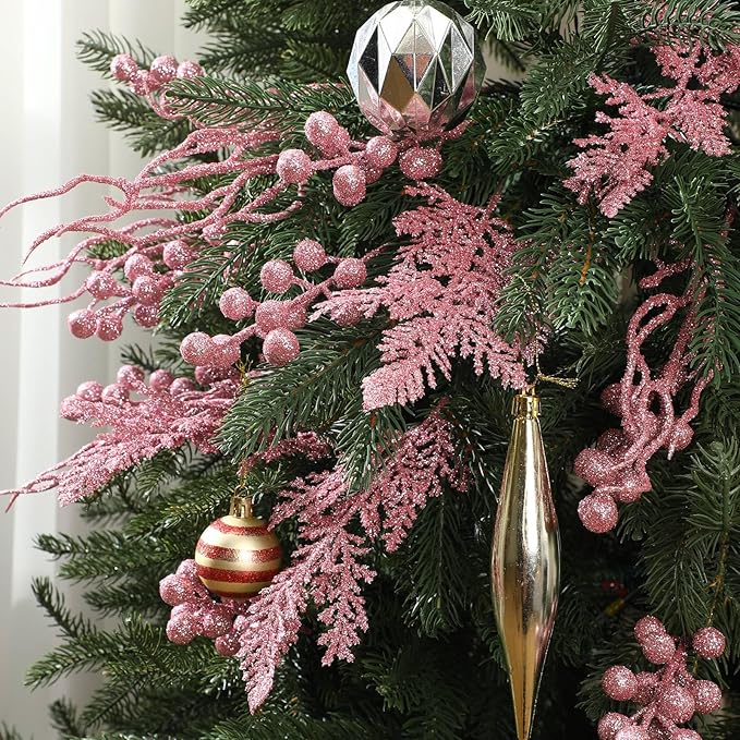 75 Pcs Christmas Glitter Branches 3 Styles Artificial Christmas Picks Berries Stems Pine Needles Floral Twig Spray for Xmas Tree Ornaments DIY Wreath Garland(Pink)