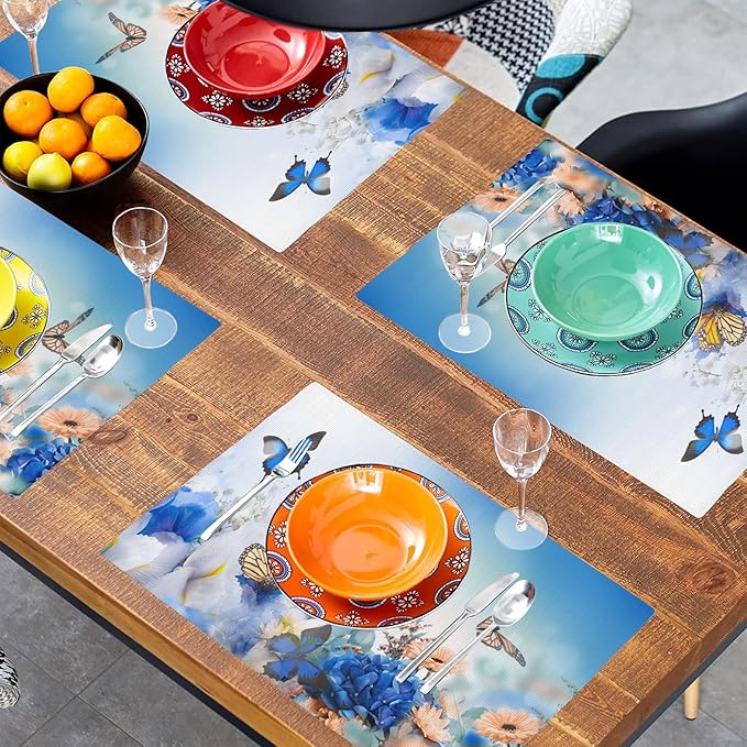 Flying Butterfly Placemats Set of 4, Blue Flowers 12x18 Inch Non-Slip Washable Heat Resistant Linen Fabric Table Mats,Place Mats for Holiday Party