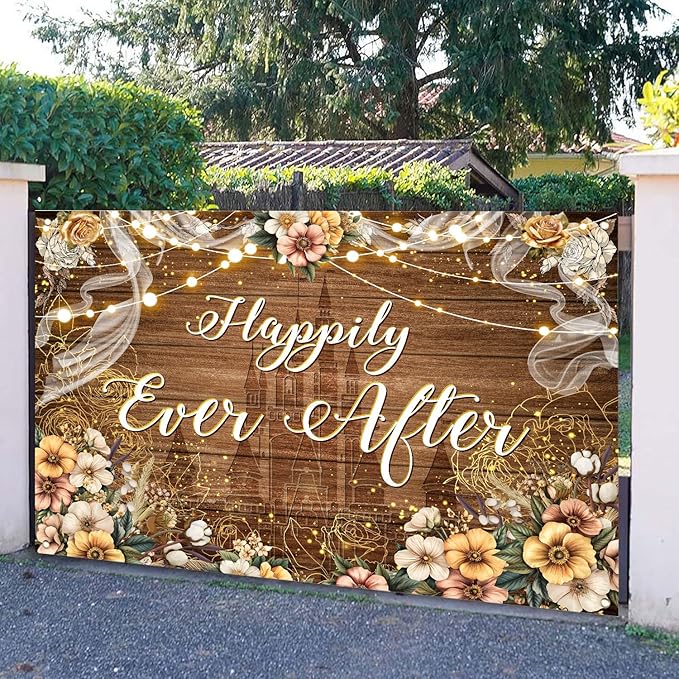 Happily Ever After Backdrop Bridal Shower Wedding Party Brown Wood Photography Background Boho Floral Golden Rose Dots Wedding Decor Banner Portrait Photo Booth Studio Props 9x6ft FU072YL