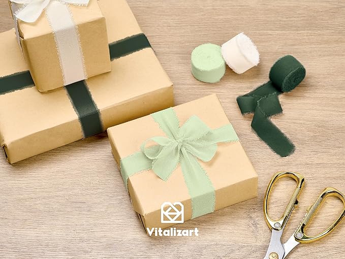 Vitalizart Cream & Green Chiffon Silk Ribbon 1" x 21 Yd Fringe Fabric Package (3 Rolls * 7 Yd) for Wedding Invitations Bridal Bouquets Decorations Gifts Wrapping & Bow Making