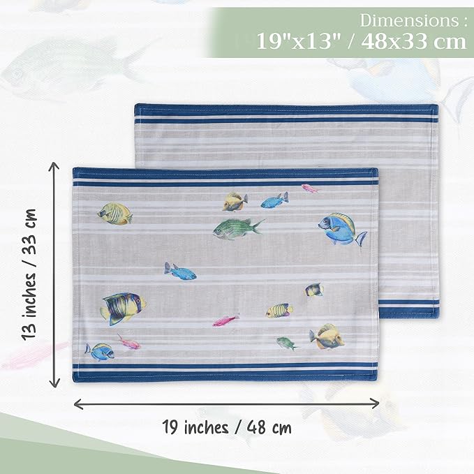 Maison d' Hermine Placemats Set of 4 100% Cotton Washable Cloth Place Mats, Reusable Table Mats for Kitchen Dining Decoration, Party, Wedding, Restaurant Spring/Summer (Poisson, 13" x 19")