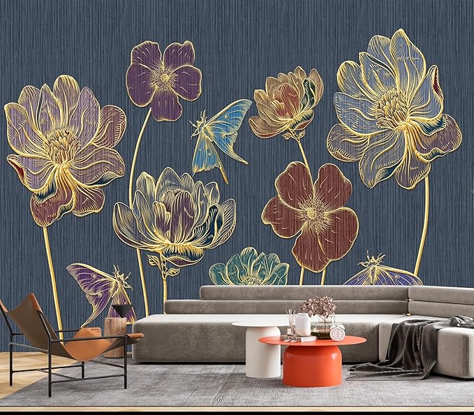 Eierme-Gold Embossed Plants and Flowers Mural Wallpaper Peel and Stick 137" x 102"