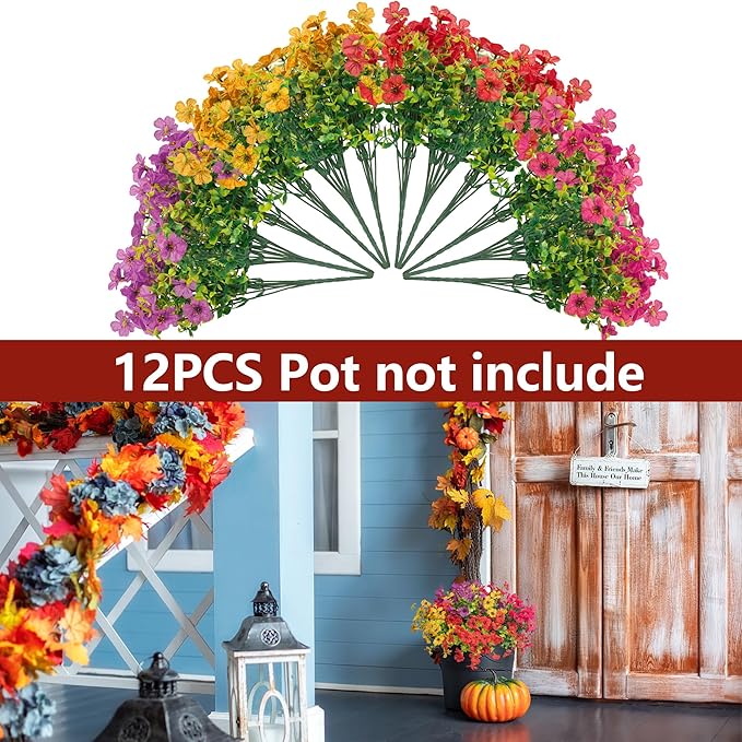 Artificial Flowers Faux Plants for Outdoor Garden Home Weeding Decoration, 12 Bundles Silk Colorful Daisy with Eucalyptus Leaves Fake Plants Greenery for Outdoor Outside Winter Chrsitmas Decor