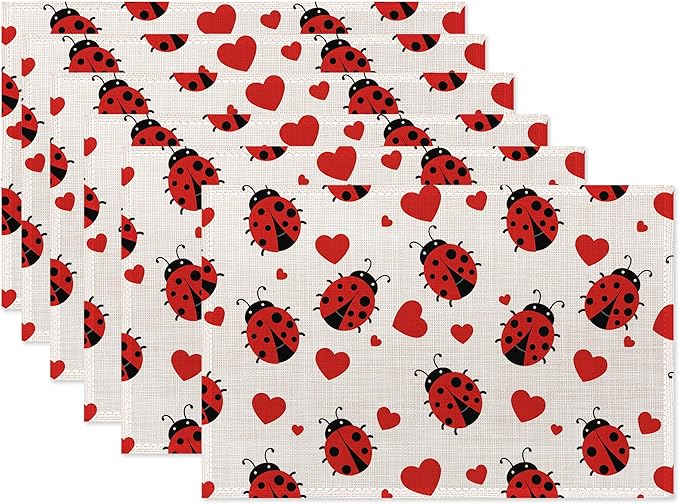 Ladybug Placemats Set of 6,Red Heart Dinner Table Mats Non-Slip Washable Mats for Kitchen Dinner Party Tablemat 12x18Inch