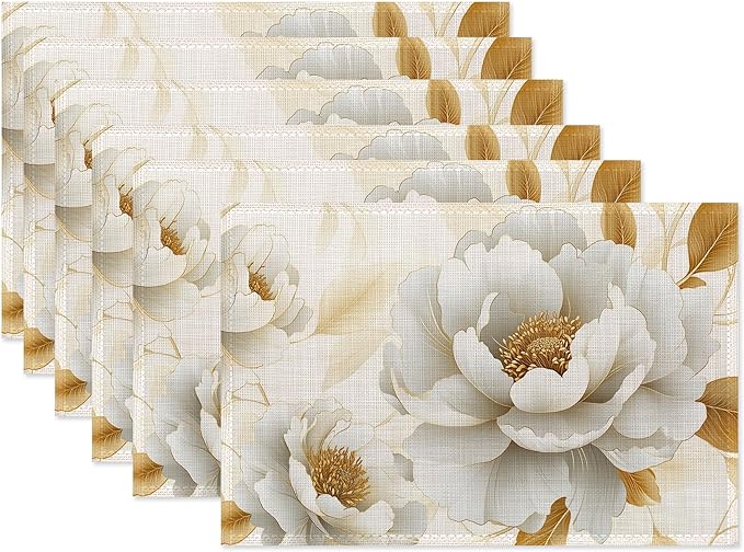 Vintage Peony Placemats Set of 6,White Gold Flower Waterproof Heat Resistant Dining Table Plate Mat for Home Kitchen Dining Table 12x18Inch