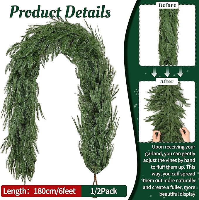 Palonu 1Pack 6Ft Artificial Norfolk Garland, Faux Christmas Greenery Touched Like Real Needles Pine, Decoration for Table Mantle Wall Porch Fireplace Indoor Outdoor Winter Holiday Décor