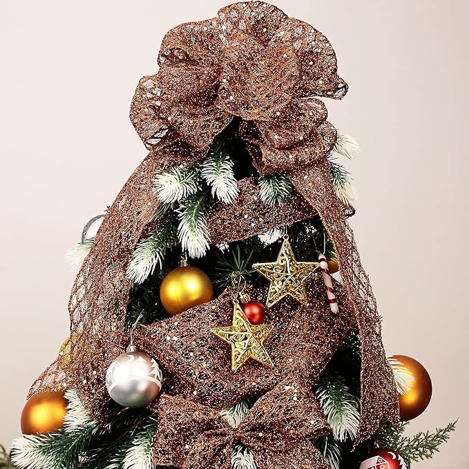 VATIN 6" Copper Christmas Ribbon, Copper Glitter Mesh Diamond Web Sequin Dots Wired Christmas Ribbon for Gift Wrapping Bow Making Wreath Supply-10 Yards