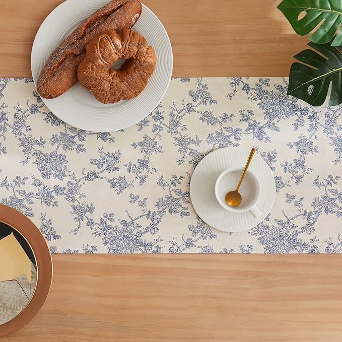 100% Cotton French Pastoral Table Runners, 13x72 Inch Blue Farmhouse Table Runners 72 Inches Long, Vintage Flowers Print Home Decors