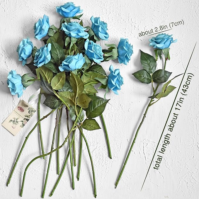FiveSeasonStuff Silk Roses Artificial Flowers for Decoration, Home Decor Centerpiece for Tables, Wedding Bridal Bouquet of Flowers Real Touch Roses 12 Stems (Turquoise)