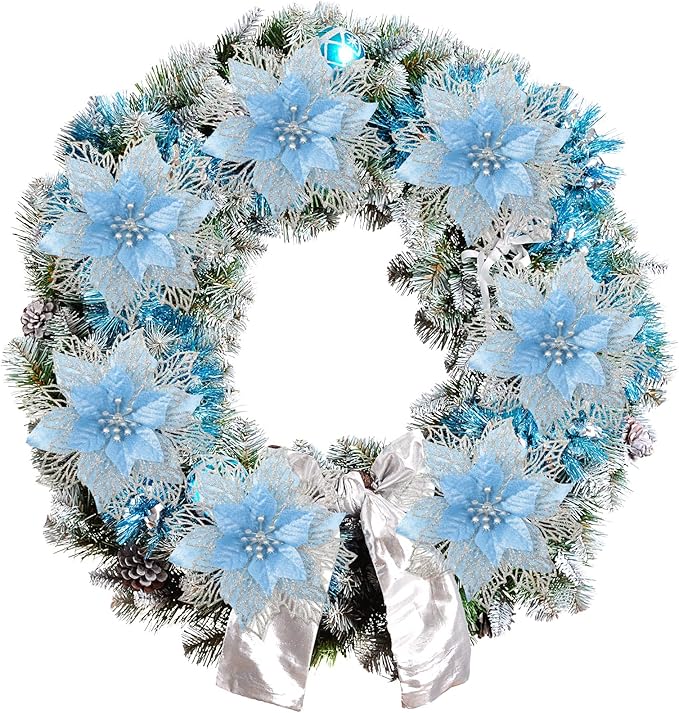 Geosar 24 Pieces Christmas Glitter Poinsettia Flowers Layered Artificial Xmas Flowers Wedding Christmas Tree New Year Ornaments 3/4/6 Inch(Blue)