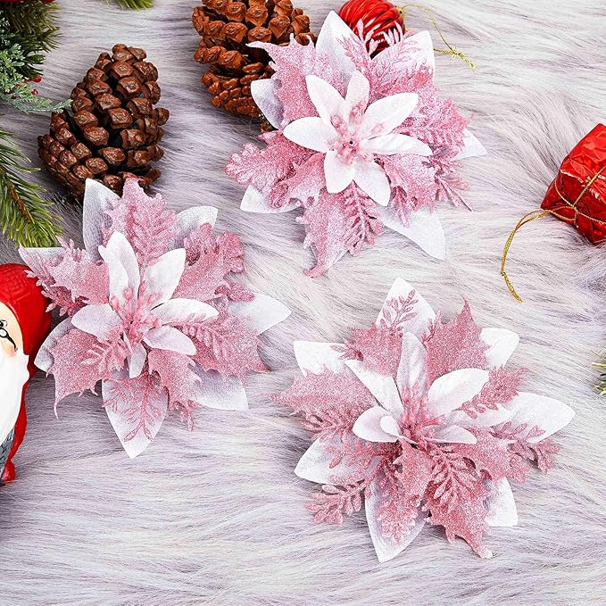 Zhuqing 15Pcs Christmas Poinsettia Artificial Flowers Decorations, Glitter Poinsettia Christmas Tree Ornaments, Pink Tree Flowers for Xmas/Wedding/Holiday/Wreath/Garland Decor, with Cilps, 5.5 Inch