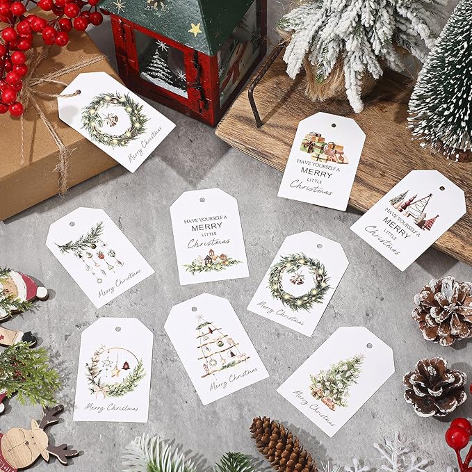 200 Pcs Christmas Gift Tags with String Christmas Natural Holiday Gift Name Tags to Personalize Xmas Presents Gifts Decoration for DIY Wrapping Crafts Party Favors(Wreath)