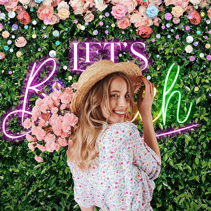 Riyidecor Green Leaves Let's Brunch Backdrop Polyester Fabric Neon Rainbow Pink Floral 8Wx6H Feet Rustic Greenery Photography Background Grass Lawn Women Brunch Party Photo Studio Shoot