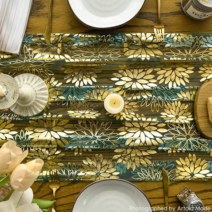 Artoid Mode Green Gold Dahlia Flower Gauze Table Runner 120 Inch 10FT, Glitter Metallic Foil Seasonal Sheer Dining Holiday Table Decor for Home Party