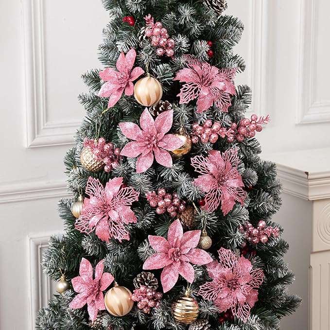 24Pcs Pink Glitter Poinsettia Christmas Tree Ornaments and Glitter Berries Stems, 16Pcs Christmas Artificial Flowers and 8 Pack Christmas Tree Picks for Wedding Holiday Decorations