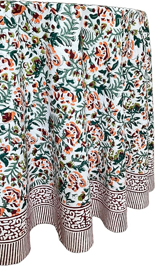 ATOSII Ambrosia Green 100% Cotton Round Tablecloth, Handblock Print Floral Table Cloth for Kitchen Dining Linen I Weddings, Outdoors, Thanksgiving, Christmas I Fall Home Decor I 90" Inches Round