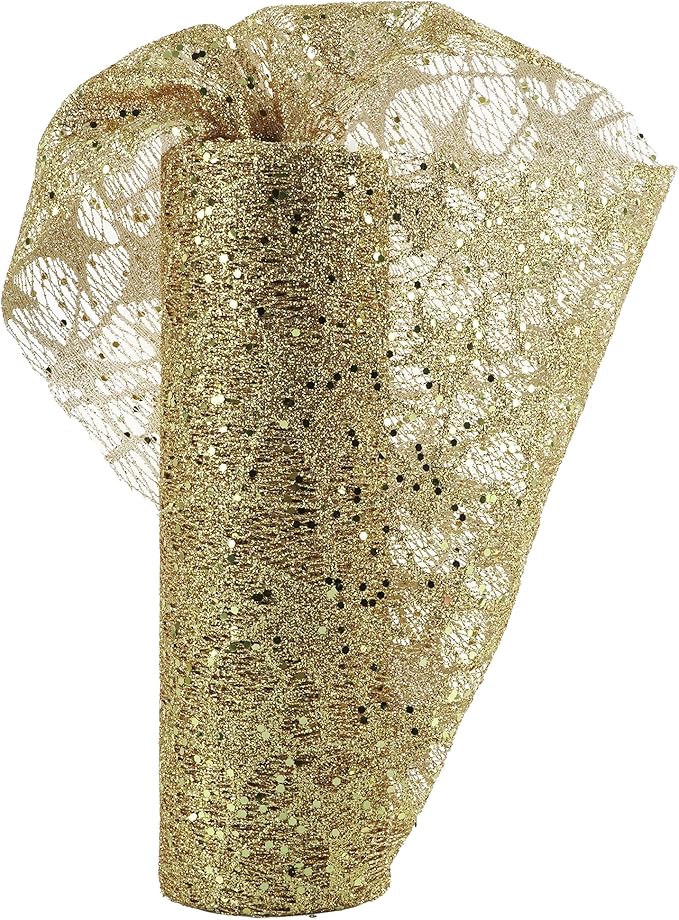 MEEDEE Gold Glitter Mesh Star Web Ribbon 10 Inch Wide by 10 Yards Roll Gold Mesh Fabric Ribbons Decorative Mesh Ribbon for Christmas Tree, Garland, Holiday Crafts, Wreaths, Bows, Home Decor