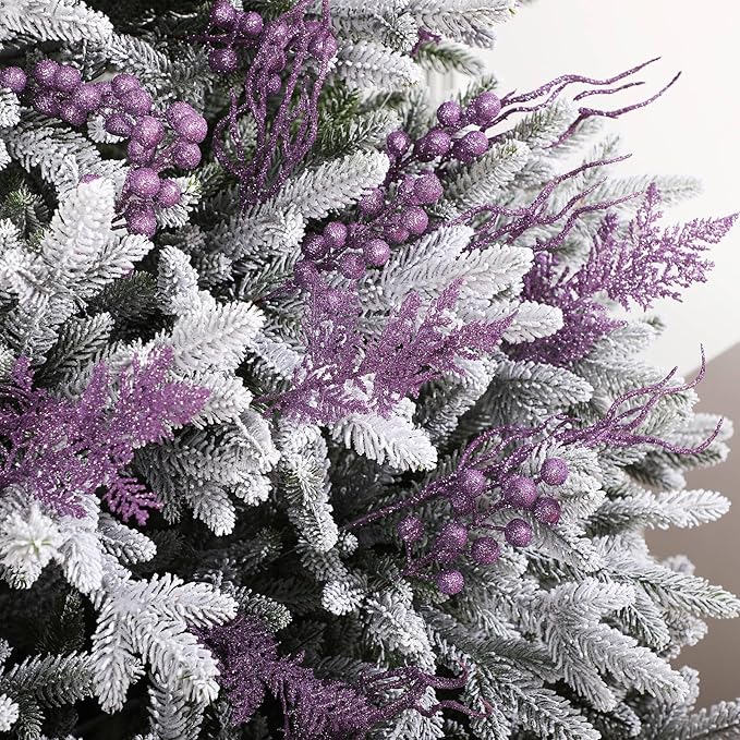 75 Pcs Christmas Glitter Branches 3 Styles Artificial Christmas Picks Berries Stems Pine Needles Floral Twig Spray for Xmas Tree Ornaments DIY Wreath Garland(Light Purple)