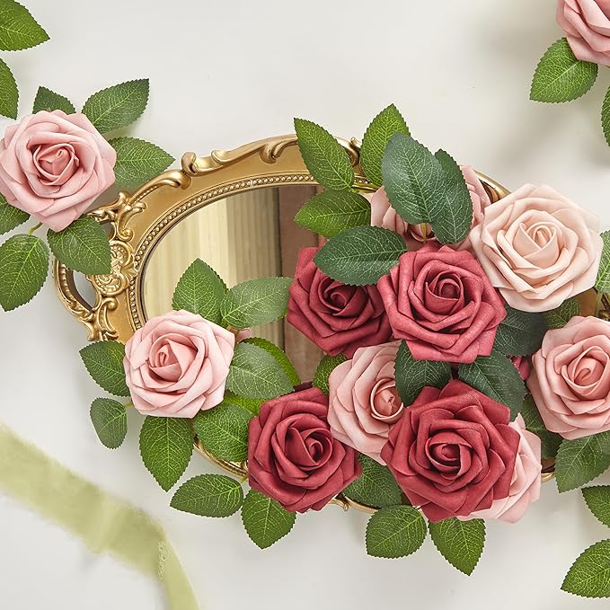 Artificial Flowers, 25pcs Hot Pink and Blush Artificial Rose for DIY Wedding Bouquets Centerpieces Arrangements, Fake Flower with Stem for Party Home Decorations