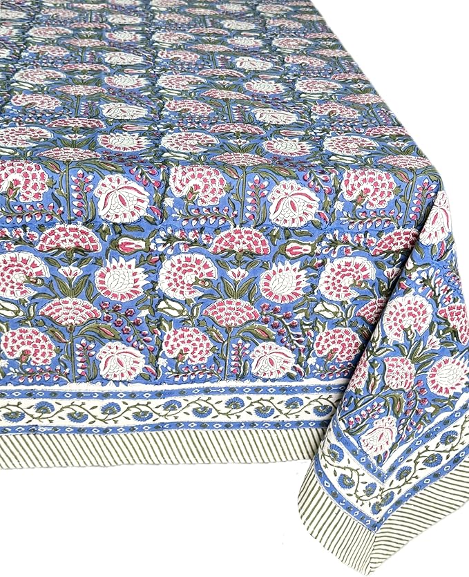 ATOSII Clover Pink 100% Cotton Rectangle Boho Fall Tablecloth, Handblock Floral Table Cloth Linen for Kitchen Dining I Parties Wedding Outdoors Christmas Thanksgiving I 72 X 140 Inches I 12 Seater