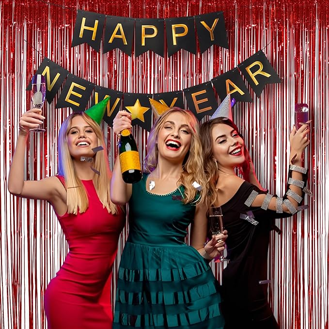 Red Tinsel Curtain Party Streamer, Foil Curtain Backdrop Photo Booth Props for Birthdays Bridal Shower Valentines New Years Party Decorations - 2 Pack 3.2×8.2ft