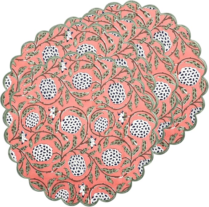 Ridhi Dark Salmon Bo-ho Round Place Mat Double Layer Floral Cotton Washable Placemats 15" Round Embroidery Block Print Table Mat (Pack of 4-15 Inch Round)