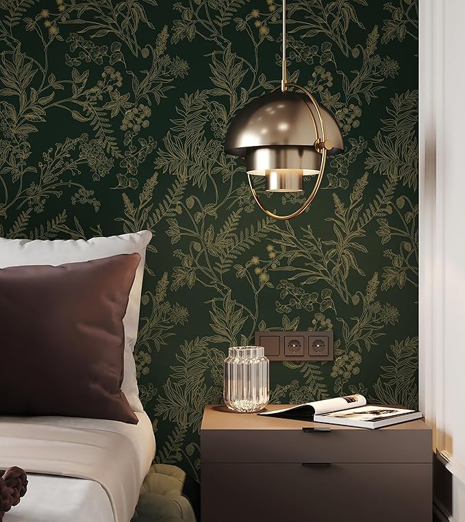 Dark Green and Gold Wallpaper Floral Peel and Stick Wallpaper Vintage Flower and Leaf Contact Paper for Cabinets Self-Adhesive Removable Wallpaper for Bedroom Bathroom Kitchen 118"x17.3"