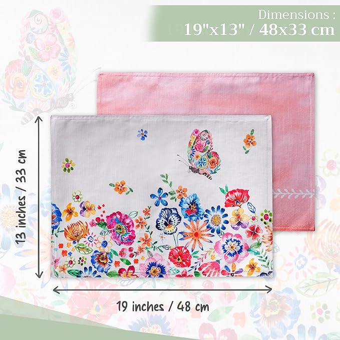 Maison d' Hermine Placemats Set of 4 100% Cotton Washable Cloth Place Mats, Reusable Table Mats for Kitchen Dining Decoration, Party, Restaurant Spring/Summer (Happy Florals - High Summer, 13" x 19")